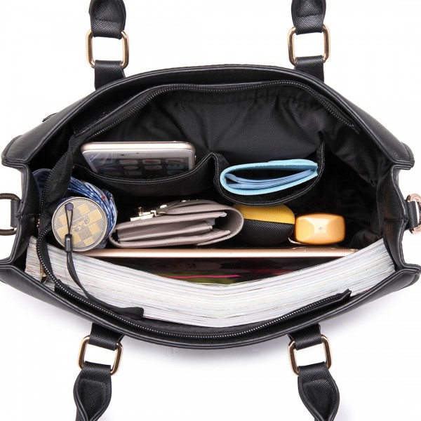 LT1650 - Miss Lulu Textured Leather Look Square Pocket Shoulder Handbag Black LT1650 - Miss Lulu Textured Leather Look Square Pocket Shoulder Handbag Black